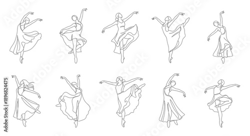 minimalist line art of graceful ballet dancers in elegant poses capturing fluid movement ideal for modern design concepts.