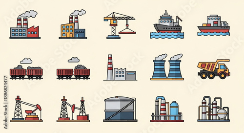 Collection of Industrial Factory and Transportation Icons.