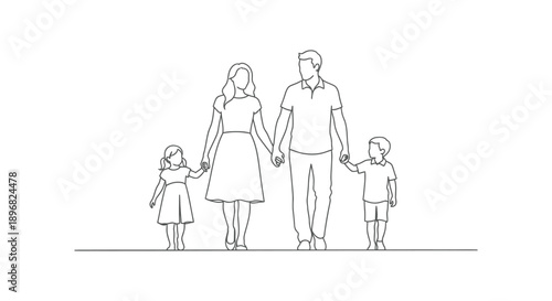 family of four walking hand in hand a simple line art illustration depicting togetherness unity and strong bonds ideal for parenting designs.