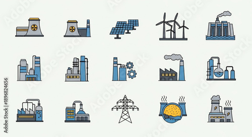 Collection of industrial factory and energy production icons.