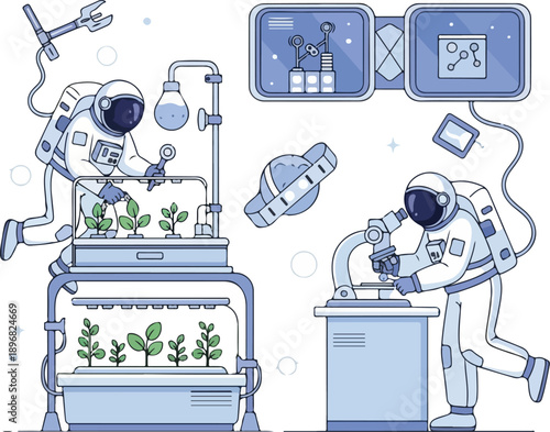 Vector illustration of two astronauts engaged in human space flight, tending to plants and examining equipment in a futuristic laboratory setting. Perfect for science, educational