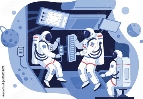 Vector illustration of astronauts in a spaceship interior, engaged in human space flight operations. Perfect for educational materials, presentations, and space exploration content.