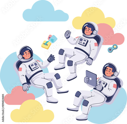 A vector illustration of three astronauts in space suits floating among colorful clouds, engaged in various activities with a laptop and tools. Perfect for educational materials, science