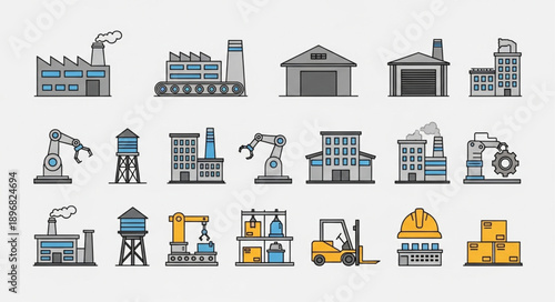 Collection of industrial factory and manufacturing building icons.