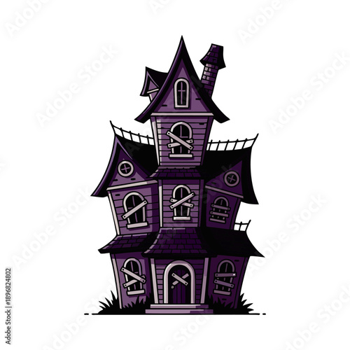 Illustration of a purple, multi-story, haunted house with a crooked chimney and boarded-up windows on a white background.