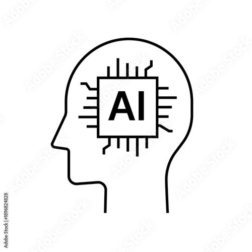 Human Profile with AI Circuit Line Icon – Artificial Intelligence Concept Vector
