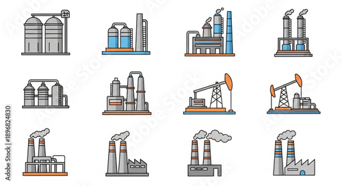 Collection of Industrial Factory and Oil Pump Icons.