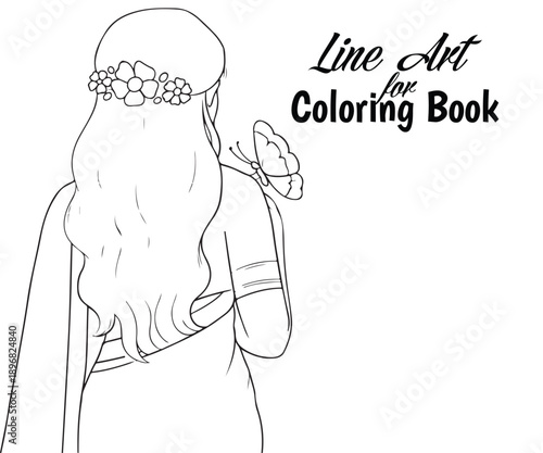 Nature's Grace: Girl with Long Hair and Butterfly Line Art