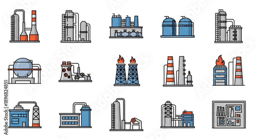 Collection of industrial factory and plant icons.