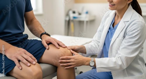 A doctor examines a patient's knee in a medical office setting with care and attention to detail.