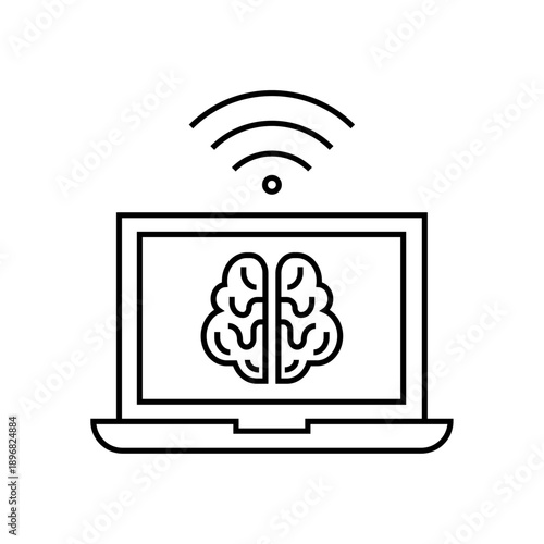 AI Laptop Line Icon – Artificial Intelligence Computing and Smart System Vector