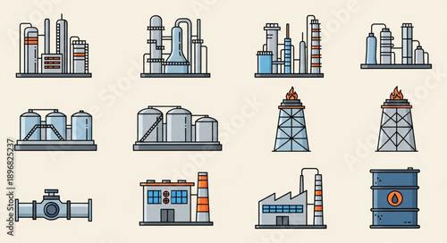 Collection of Industrial Factory and Refinery Icons.
