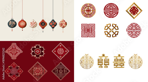 Chinese New Year graphic set featuring red traditional symbols paper cut style icons and festive patterns inspired by oriental culture perfect for holiday branding and seasonal decoration.