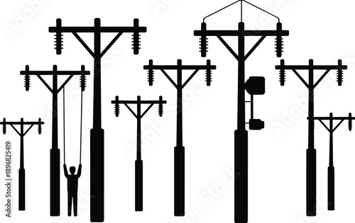 Black silhouettes of utility poles with electrical components and a worker interacting with a rope on white