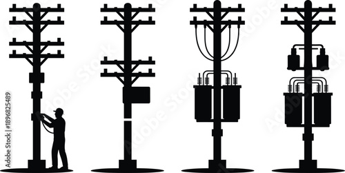 Collection of four electricity poles in silhouette, with one pole showing a worker performing maintenance and the others featuring transformer units and insulators
