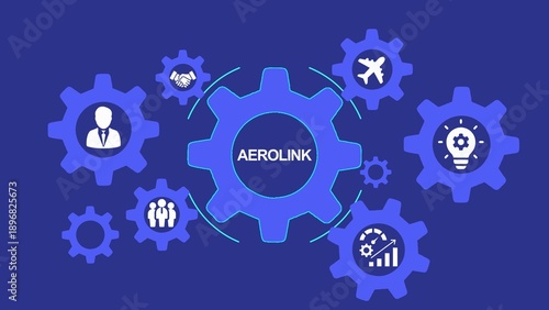 Aerolink Business Concept with Gears and Icons Representing Collaboration and Innovation Keywords: aerolink, business, gears, teamwork, collaboration, innovation, airplane, idea