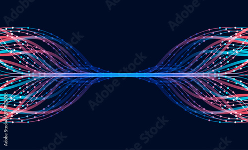 Curved multicolor lines and floating particles diverging from center on dark background, symbolizing data visualization, AI learning, and digital flow.