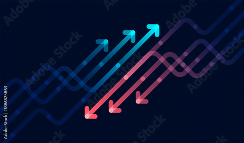 Glowing arrows moving upward and downward over smooth flowing lines on dark background