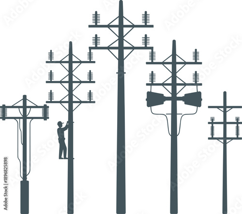 Group of utility poles with electrical components and a lineman performing maintenance work on a dark blue silhouette against a white background
