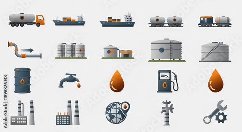 Collection of industrial icons related to oil and gas industry.
