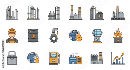 Collection of Industrial Icons Representing Energy and Manufacturing.