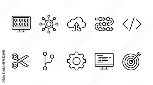Vector line icons for coding, web development, and software engineering, including computer screen, network, cloud, code, scissors, graph, gear, monitor, and target, for website, app, UI, or presentat