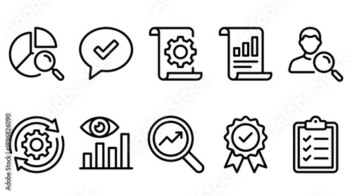 Business analysis and management icons, line style, for website, banner or presentation, isolated on transparent background, png