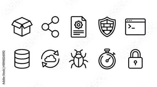 Vector security and protection icons set, including shield, lock, bug, and database symbols, for website or app UI, isolated on transparent background, png