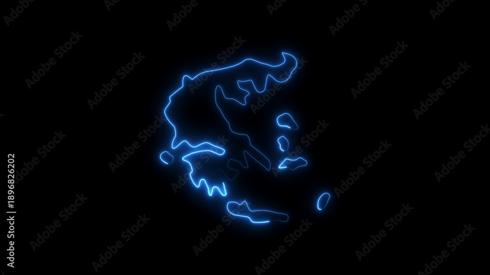 Fototapeta premium Bright blue neon outline map of Greece illuminated against a black void glowing
