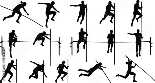 PrintBlack silhouette set of pole vault athletes jumping over horizontal bar isolated on white background depicting athletic motion competition track and field sports exercise