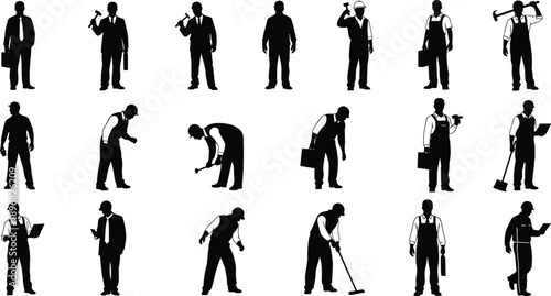 Black silhouette set of professional workers including businessmen engineers and laborers in various poses with tools isolated on white background for construction and corporate design