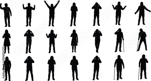 PrintBlack silhouette set of diverse people in different poses including men and women standing gesturing walking with a cane isolated on white background for design