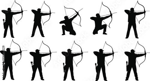 PrintCollection of professional archer silhouettes with bow and arrow equipment including hunting poses and competitive shooting stances for sports branding and outdoor recreation design