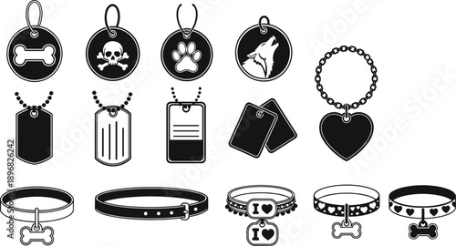 PriCollection of pet collar silhouettes and identification tags featuring bone, paw, and heart symbols for animal branding, veterinary services, and pet shop merchandise designnt