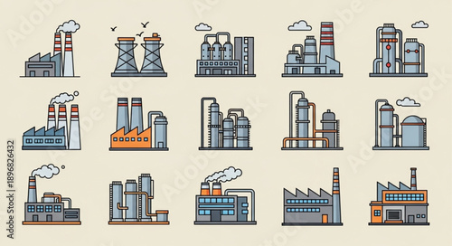 Collection of Industrial Factory Buildings Icons Set.
