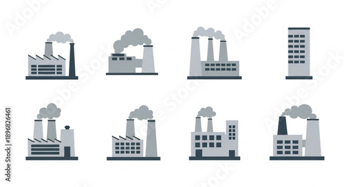 Collection of Industrial Factory Buildings with Smoke Emitting Chimneys.