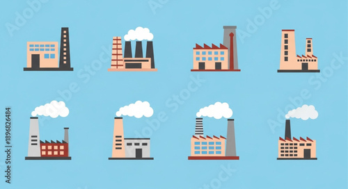 Collection of Industrial Factory Buildings with Smoke Stacks.