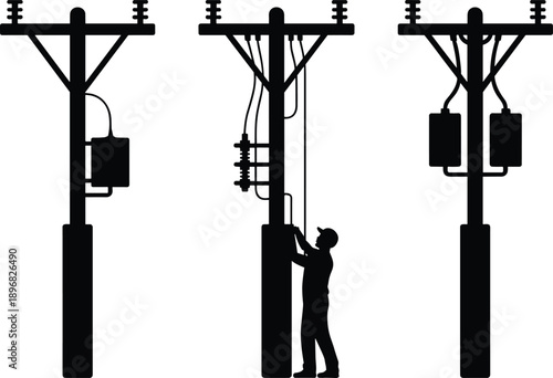 Silhouette of utility poles with electrical equipment and a worker performing maintenance tasks electricity
