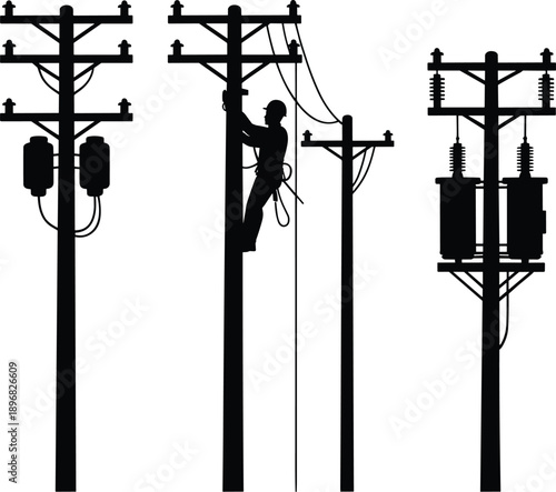 Silhouette of utility poles with transformers and an electrician working on a power line against a white background