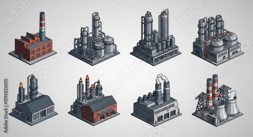 Collection of Industrial Factory Buildings with Smokestacks.