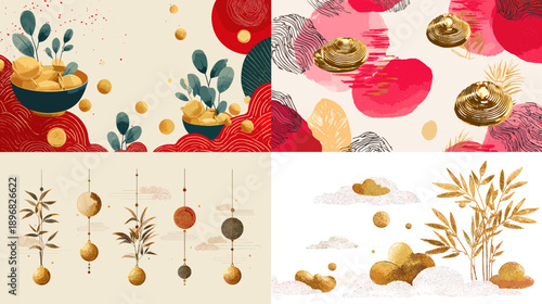 Festive Chinese New Year illustration with red lanterns gold coins floral elements and abstract shapes symbolizing prosperity luck celebration and joyful holiday atmosphere.