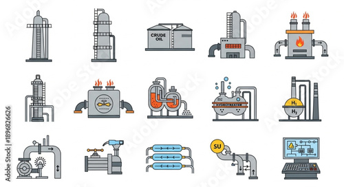 Collection of industrial factory equipment and machinery illustrations.