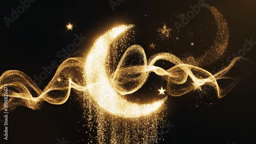 Sparkling golden particles forming crescent moon and abstract wave