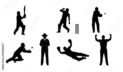 Cricket field players silhouette collection black and white sport vector set isolated