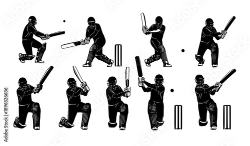 A black and white vector illustration set of cricket players silhouette in dynamic batting poses isolated on a solid white background. The collection includes batsman playing cover drive, pull shot, 