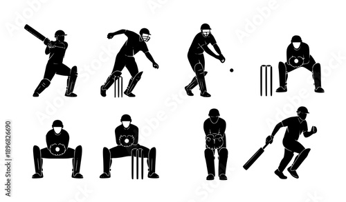 Cricket players batting silhouette set black and white vector illustration isolated on white