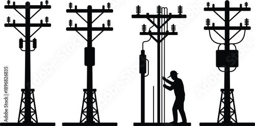 Silhouettes of diverse utility poles with electrical components and a technician performing work on a white backdrop