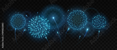 Holiday blue neon firework explosion isolated on black background. Independence day, New Year, traditional festival or event celebration. Vector illustration