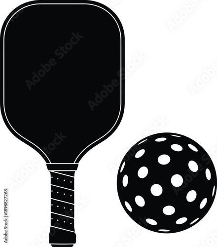 Black silhouette of a professional pickleball paddle and perforated ball, sporting equipment for athletic competition, recreational game accessory for court sports