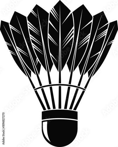 Black silhouette of a professional badminton shuttlecock with feathers, sporting equipment for athletic competition, recreational game accessory for court sports and exercise